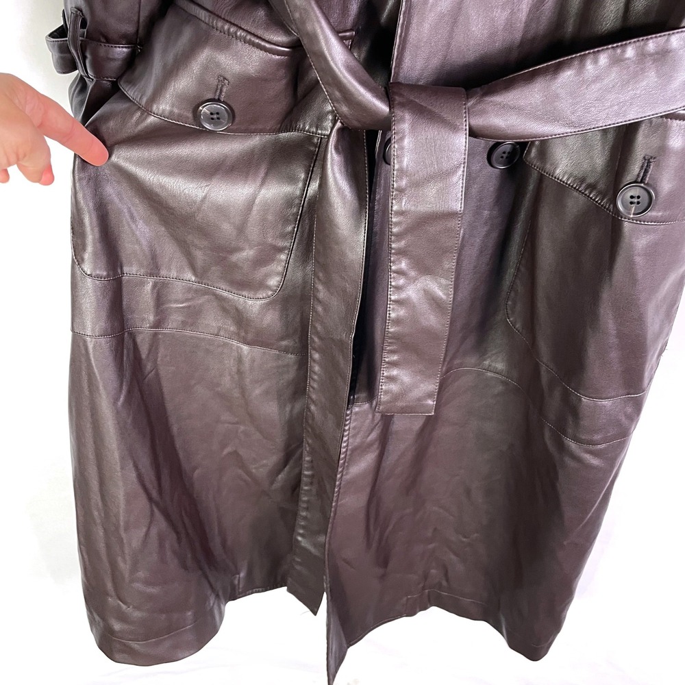 Osman Yousefzada Faux Leather Trench Coat Long Belted Brown‎ Vegan Sz 10 - Picture 8 of 16